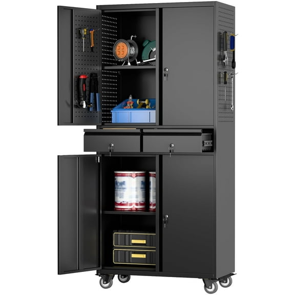 GangMei Metal Storage Cabinet with 2 Drawer and Pegboards,71" H Top Workbench Mobile Tool Chests Garage Cabinets with 4 Wheels,Tool Cabinets for Home,Office,Shop，Assembly Required, Black