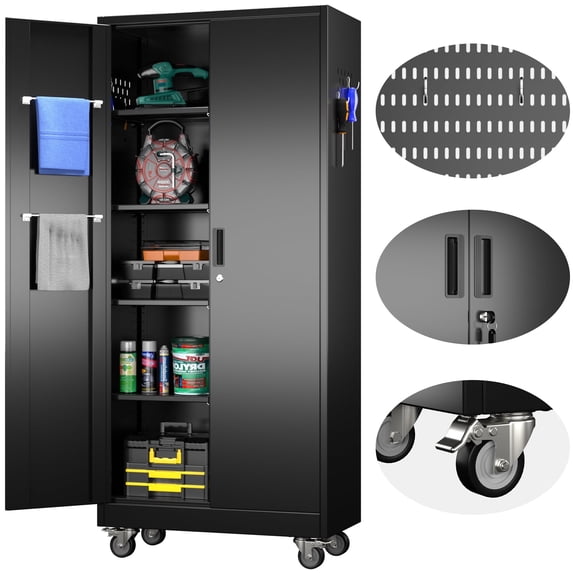 GangMei Metal Storage Cabinet with Hanging Rod and Pegboards,71" H Top Workbench Mobile Tool Chests Garage Cabinets with 4 Wheels,Tool Cabinets, Assembly Required
