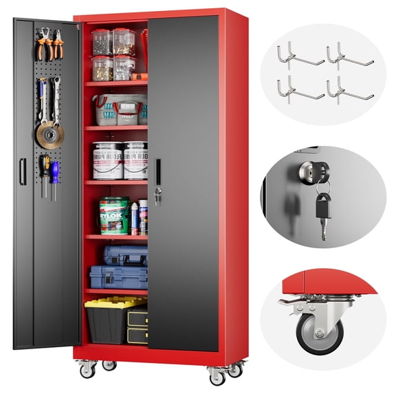 HUAXRON Metal Storage Cabinet with 5 Shelves, Garage Storage Cabinet with Lockable Doors and Pegboards, For Garage and Utility Room, Assemble Required