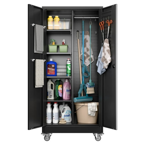GangMei Metal Storage Cabinet with Hanging Rod and Pegboards,62" H Top Workbench Mobile Tool Chests Garage Cabinets with 4 Wheels,Tool Cabinets for Home,Office,Shop,Assembly Required, Black