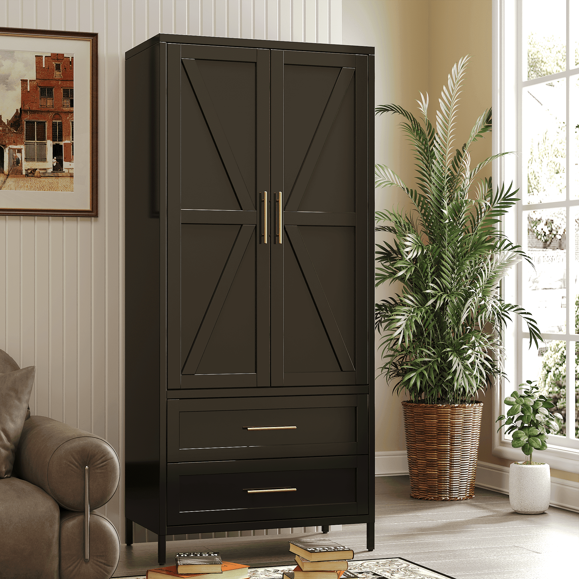 GangMei Metal Storage Cabinet Locker with 2 Drawers, Large Steel Cabinet with Hanger Rod and Adjustable Shelf for Living Room,Office,School,Gym,Garage,(Black)