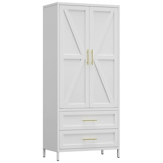 GangMei Metal Storage Cabinet Locker with 2 Drawers, Large Steel Cabinet with Hanger Rod and Adjustable Shelf for Living Room,Office,School,Gym,Garage,(White)