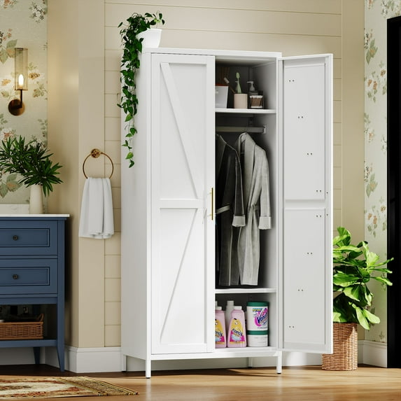 GangMei Metal Storage Cabinet Locker with Hanger Rod and Adjustable Shelves, Large Steel Cabinet for Living Room,Office,School,Gym,Garage,(White)