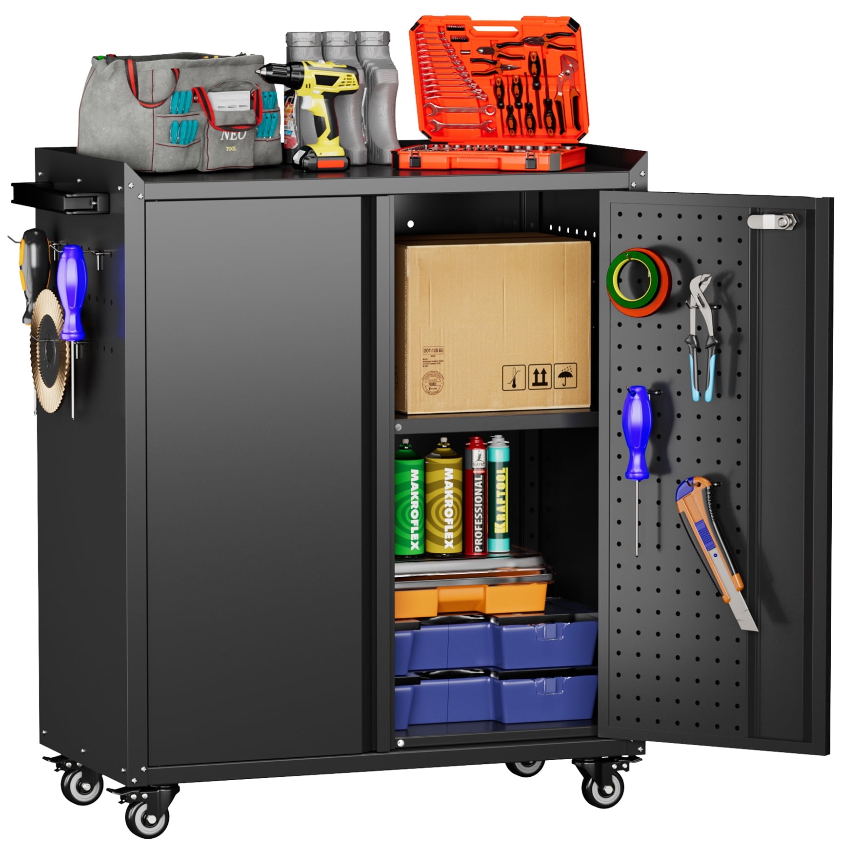 GangMei Metal Storage Garage Cabinets with Wheels, Rolling Tool Chests with Adjustable Shelves and Door for Garage, Toolshed, Assembly Required , Black