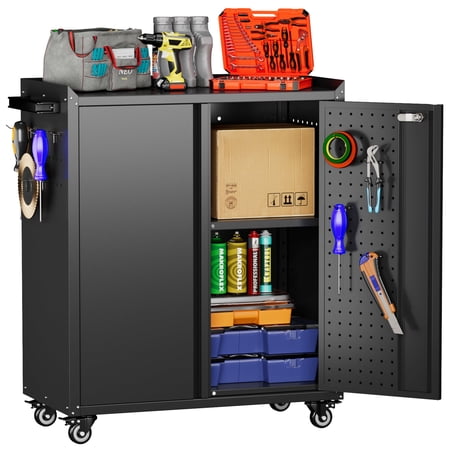 GangMei Metal Storage Garage Cabinets with Wheels, Rolling Tool Chests with Adjustable Shelves and Door for Garage, Toolshed, Assembly Required , Black