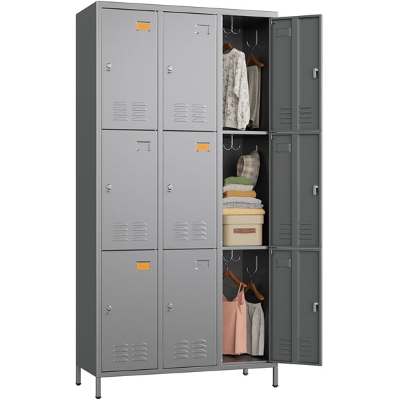 GangMei Metal Storage Locker for School Office Gym Bedroom, 9 Doors Storage Locker for Employees, Industrial Steel Storage Locker with 18 Hooks, Assembly Required(Dark Grey)
