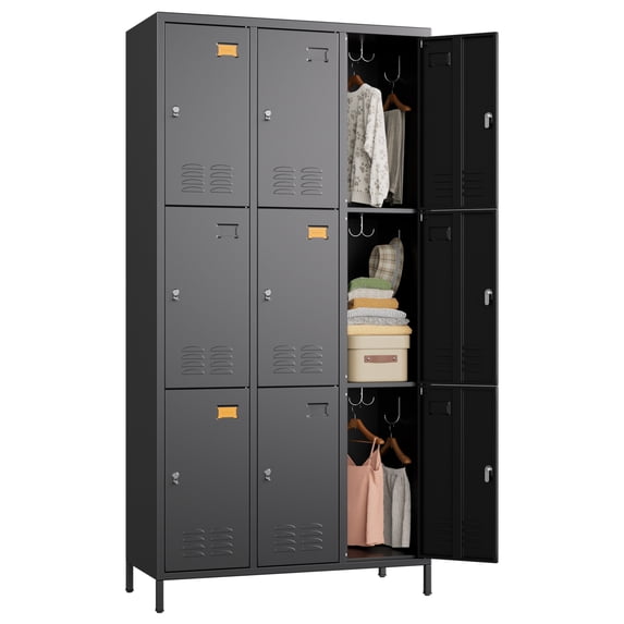 GangMei Metal Storage Locker for School Office Gym Bedroom, 9 Doors Storage Locker for Employees, Industrial Steel Storage Locker with 18 Hooks, Assembly Required(Black)