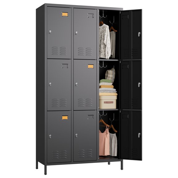 GangMei Metal Storage Locker for School Office Gym Bedroom, 9 Doors Storage Locker for Employees, Industrial Steel Storage Locker with 18 Hooks, Assembly Required(Black)