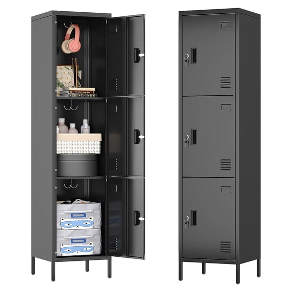GangMei Metal Storage Locker for School Office Gym Bedroom,Single 3 Door Steel Storage Locker for Employees,Assembly Required,Black
