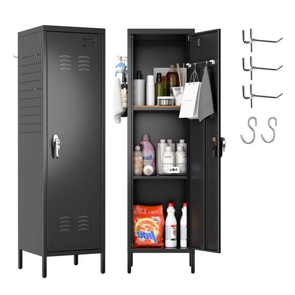 SUPEER Metal Storage Locker for School Office Gym Bedroom,Single Door Steel Storage Locker for Employees,Assembly Required, Black