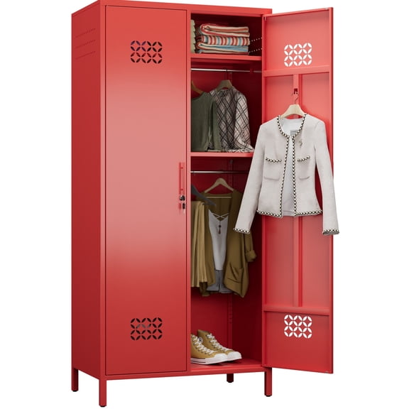 HUAXRON Metal Storage Locker with 2 Door for School Office Gym Bedroom,Metal Wardrobe Closet with Lock,Extra Deep 2 Doors Metal Wardrobe Cabinet for Home,Assembly Required, Red