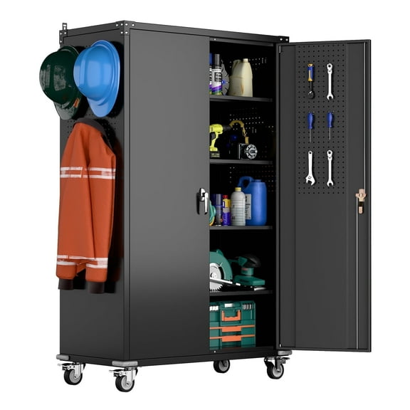GangMei Wide & Deep Metal Garage Storage Cabinet with Pegboards, Wheels, Locking Doors and 4 Adjustable Shelves, Assembly required, Black