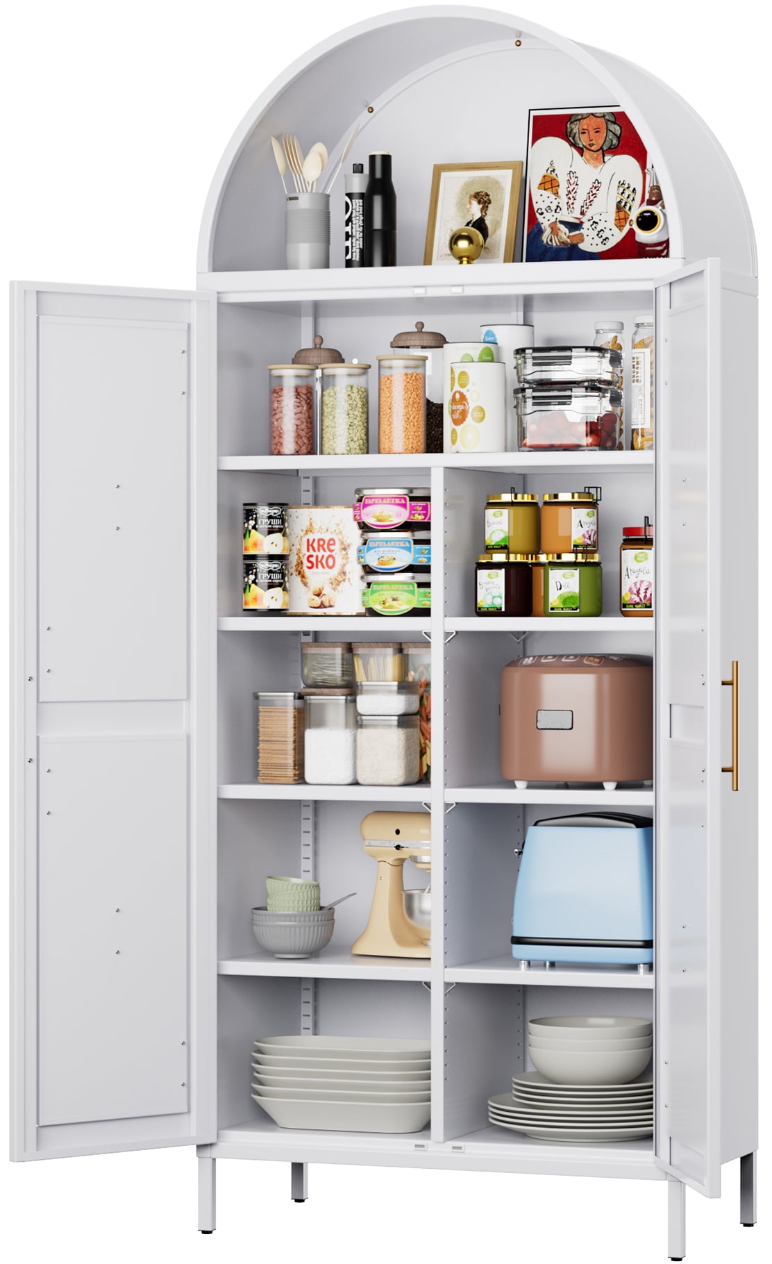 GangMeri 73-inch Tall Arched Kitchen Pantry Storage Cabinet,  Farmhouse Cabinet with Doors and Adjustable Shelves, Tall Freestanding Cupboard for Pantry, Dining Room, Living Room,Garage,Bath(White)