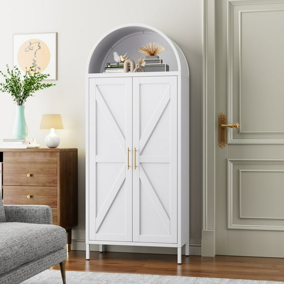 GangMeri 73-inch Tall Arched Kitchen Pantry Storage Cabinet,  Farmhouse Cabinet with Doors and Adjustable Shelves, Tall Freestanding Cupboard for Pantry, Dining Room, Living Room,Garage,Bath(White)