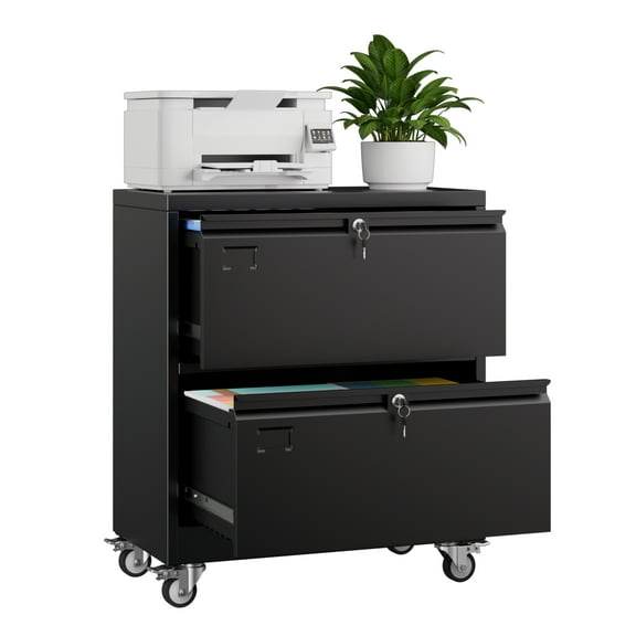 Gangmei 2 Drawer Lateral File Cabinet with Wheels,Metal Filing Cabinet with Lock,Wide File Cabinet for Home Office School Hanging Files Letter/Legal/F4/A4 Size,Assembly Required (Black)