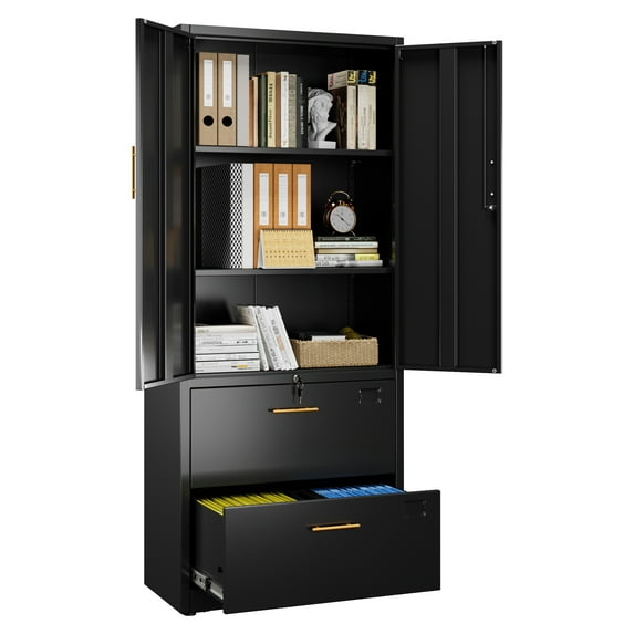 GangMei Modern Lateral File Cabinet 2-Drawer Lockable Metal Vertical Letter/Legal A4 Size, Assembly Required (Black)