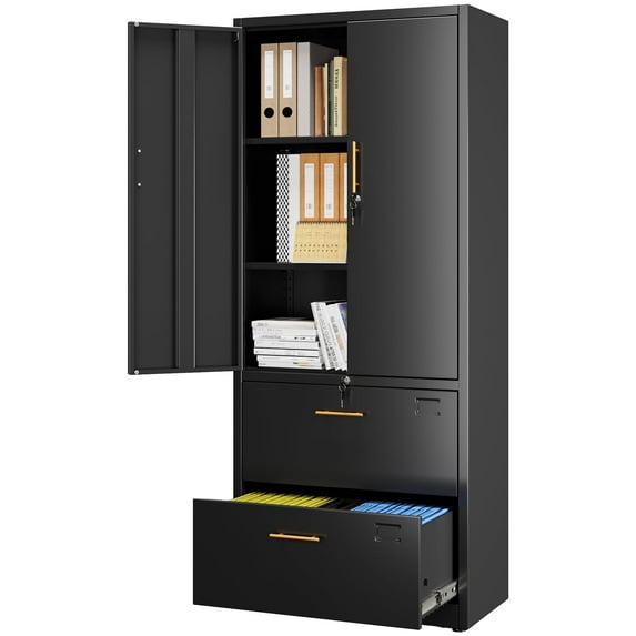 Gangmei 2 Drawers Metal Lateral File Storage Cabinet with 2 Lockable Doors for Home, Office, School, Office Home Steel Vertical File Cabinet for A4 Letter /Legal Size, Assembly Required (Black)