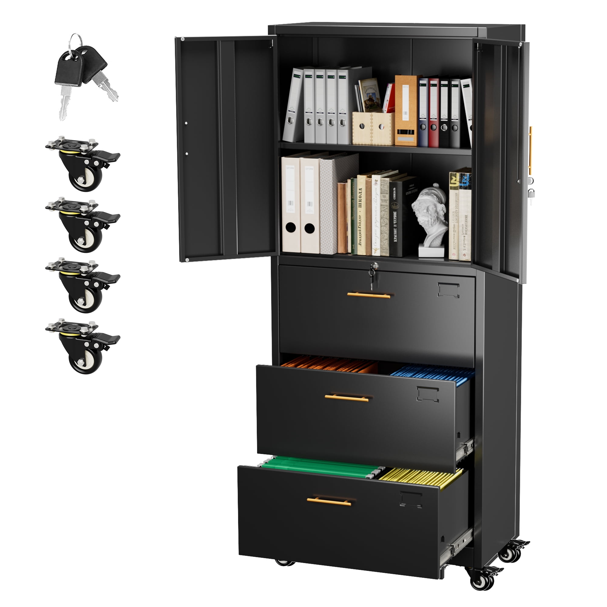Gangmei 3 Drawer Metal Lateral File Cabinet with Lock & Wheels, Large Capacity File Storage Cabinet for Letter/Legal A4 Size, Wide File Cabinet for Office Home, Assembly Required
