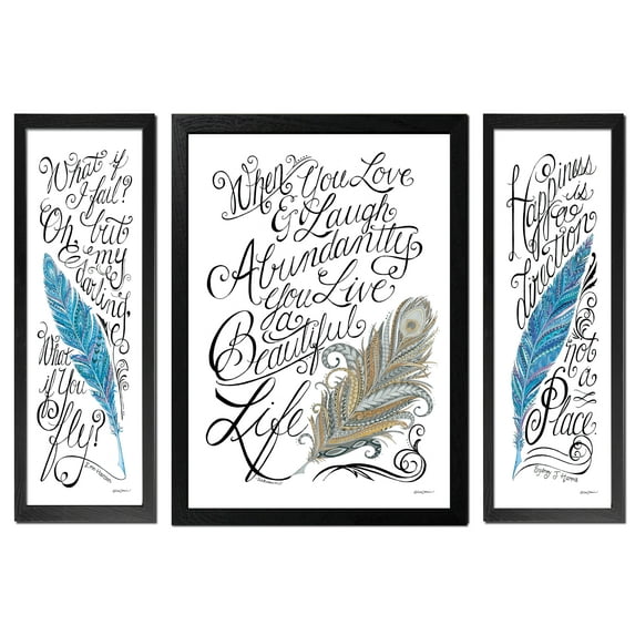 Gango Home Décor Traditional What if I Fail?, Live a Beautiful Life, & Happiness is a Direction by Deb Strain (Ready to Hang); Three 8x18in Black Framed Prints