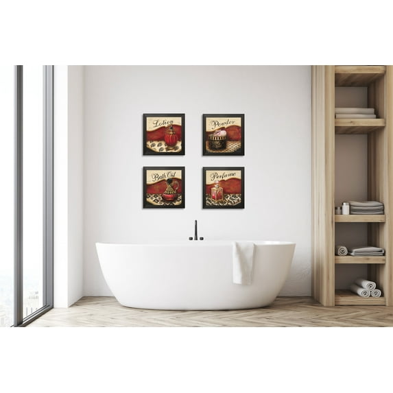 Gango Home Decor 4 Lovely Vintage Red & Gold Perfume, Bath Oil, Lotion & Powder Signs; Four 12x12in Art Prints in Black Frames