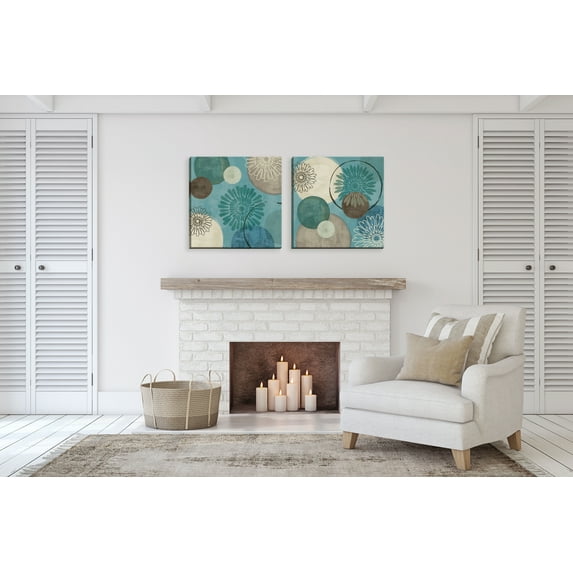 Gango Home Decor Abstract Circle Patterned Wall Art ; Two Blue 24x24in Hand-Stretched Canvases