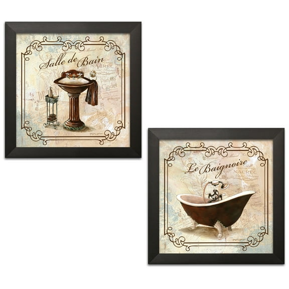 Gango Home Decor Adult Elegant French Bathroom Wall Art; 2-12x12" Black Framed Posters