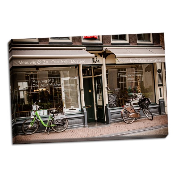 Gango Home Decor Amsterdam Storefront with Bikes by Erin Berzel (Ready to Hang); One 36x24in Hand-Stretched Canvas