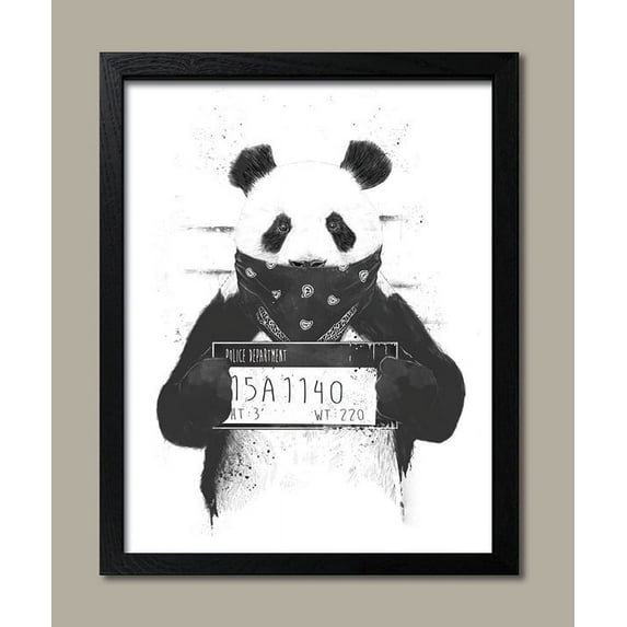 Gango Home Decor Bad Panda | Black & White Panda Bear Mugshot; One 11x14in Art Print in Black Frame