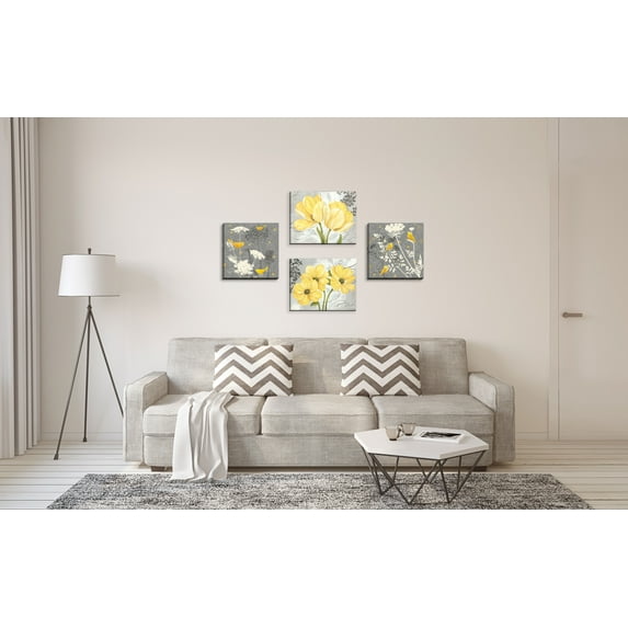 Gango Home Decor Beautiful Birds and Flowers. Floral Wall Art; Four Yellow 14x11, 12x12in Hand-Stretched Canvases