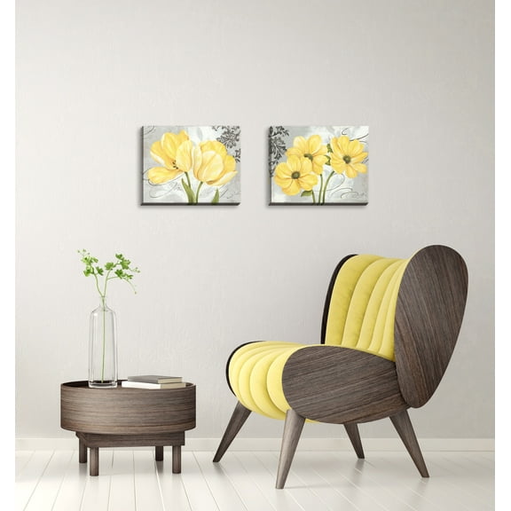 Gango Home Decor Beautiful Cosmos and Tulip Floral Wall Art; Two Yellow 14x11in Hand-Stretched Canvases