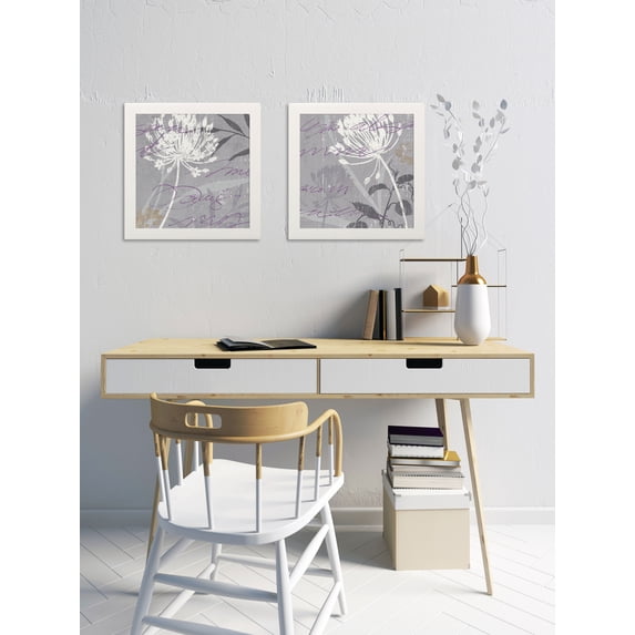 Gango Home Decor Beautiful Gray & White Floral Decor; Two 12x12in Art Prints in White Frames