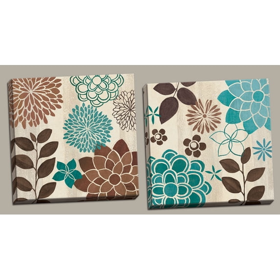 Gango Home Decor Beautiful Turquoise & Brown Flower & Leaf Print Set; Two 12x12in Hand-Stretched Canvases