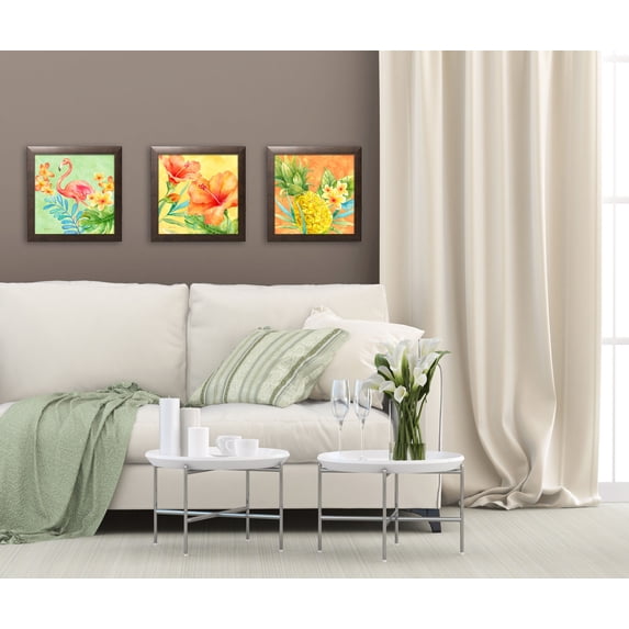 Gango Home Decor Beautiful Watercolor-Style Tropical Hisbiscus, Pineapple & Flamingo Set; Three 12x12in Art Prints in Brown Frames
