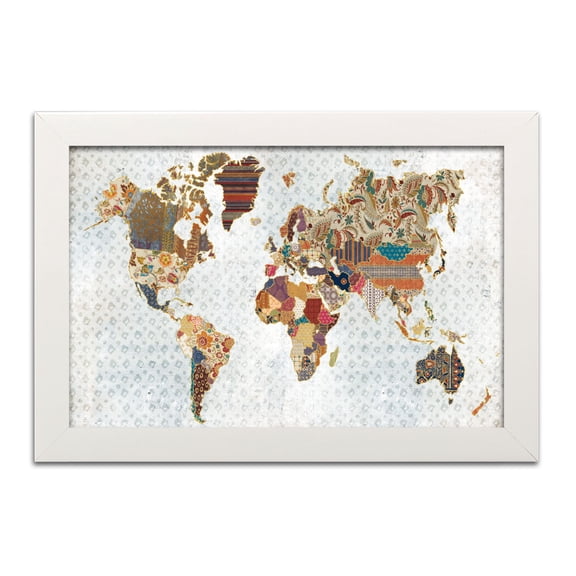 Gango Home Decor Bohemian Pattern World Map Geo Background by Laura Marshall (Ready to Hang); One 18x12in White Framed Print