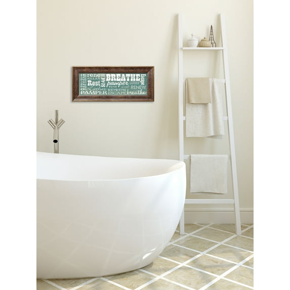 Gango Home Decor Casual Bathroom Typography; One 18x8in Art Print in Gold Trim Brown Frame