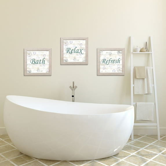 Gango Home Decor Casual Bathroom Wall Art; Three Off-White 12x12in Art Prints in Distressed White Frames