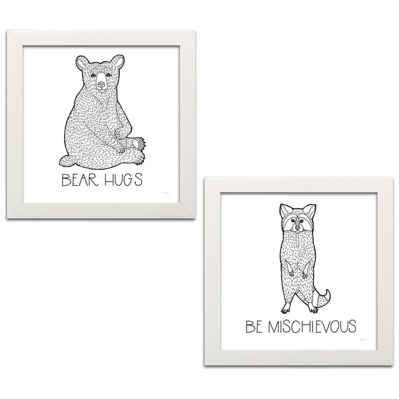 Gango Home Decor Casual Color the Forest Bear Hugs & Be Mischievous by Elyse DeNeige (Ready to Hang); Two 12x12in White Framed Prints