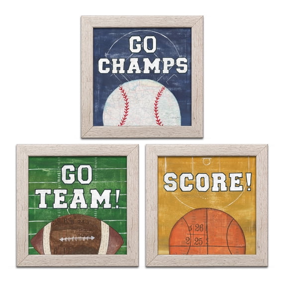 Gango Home Decor Casual On the Field I Go Team, On the Field II Score, & On the Field III Go Champs by Courtney Prahl (Ready to Hang); Three 12x12in Distressed Framed Prints