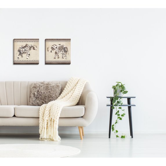 Gango Home Decor Chic Boho Elephant Wall Art; Two Beige 12x12in Hand-Stretched Canvases