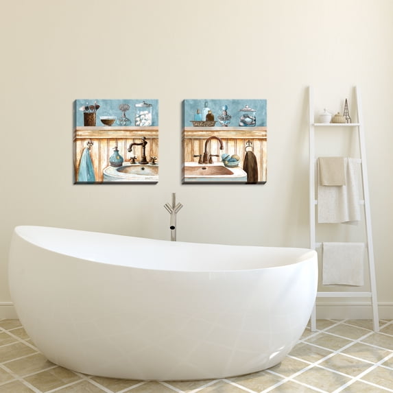 Gango Home Decor Classic Bathroom Wall Art; Two Blue 16x16in Hand-Stretched Canvases