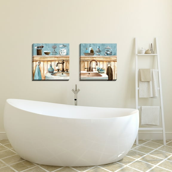 Gango Home Decor Classic Bathroom Wall Art; Two Blue 16x16in Hand-Stretched Canvases