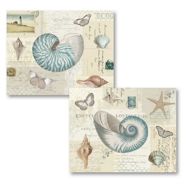 Gango Home Decor Classic Beige and Blue Seashell Coastal Adult Decor ; 2 - 14" x 11" Unframed Posters