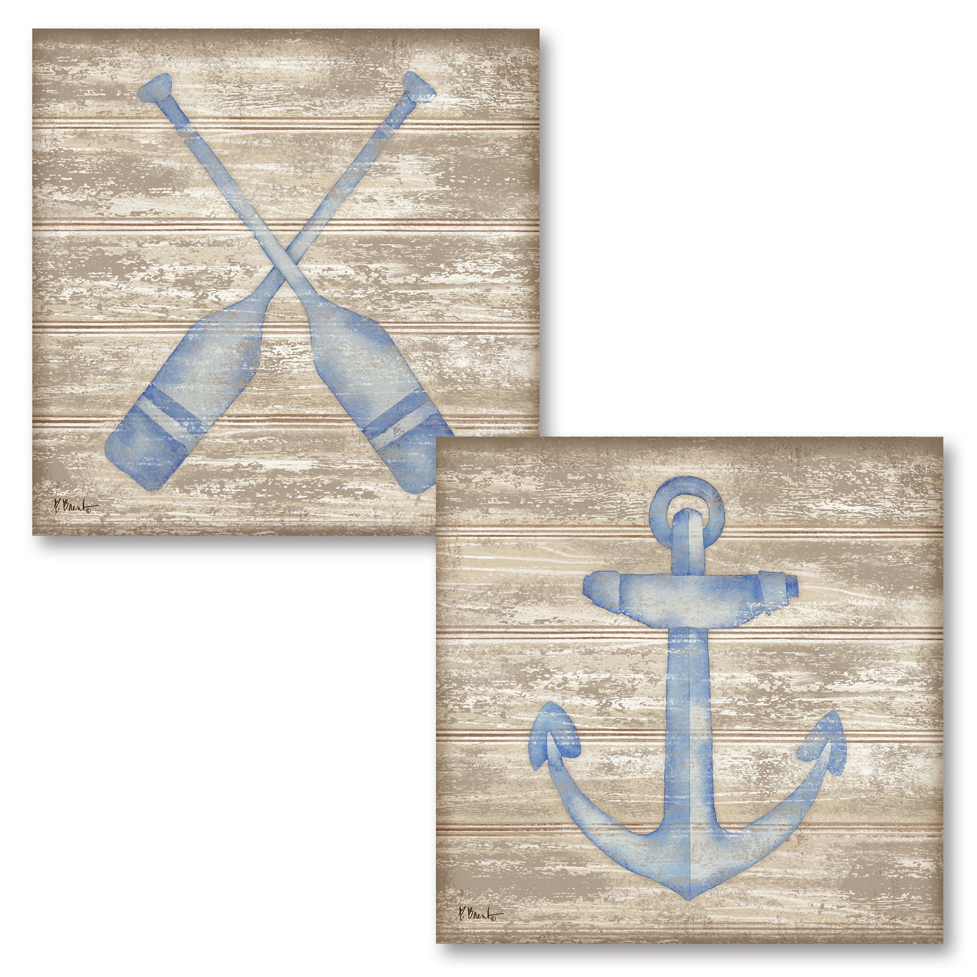 Gango Home Decor Classic Nautical Anchor and Oars Coastal Wall Art; Two Blue 12x12in Unframed Paper Prints