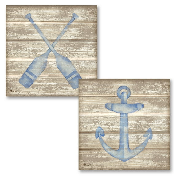 Gango Home Decor Classic Nautical Anchor and Oars Coastal Wall Art; Two Blue 12x12in Unframed Paper Prints