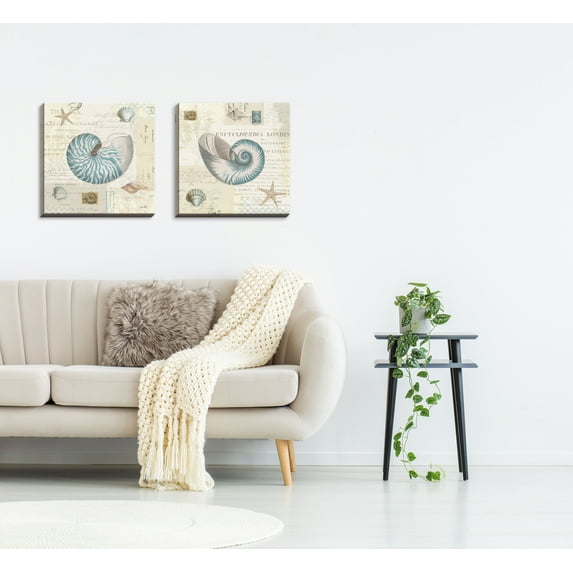 Gango Home Decor Classic Seashell Coastal Collage Wall Art ; Two Blue 16x16in Hand-Stretched Canvases