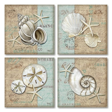 Gango Home Decor Coastal Beige and Teal Seashell Adult Decor; 4 - 12" x 12" Un-Framed Posters
