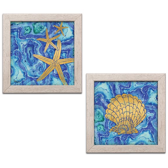 Gango Home Decor Coastal Blue & Gold Agate Shell & Starfish Adult Decor; 2 - 12" x 12" Distressed Frames