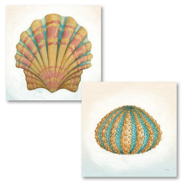 Gango Home Decor Coastal Boardwalk Scallop & Urchin by Elyse DeNeige (Printed on Paper); Two 16x16in Fine Art Paper Giclee Prints