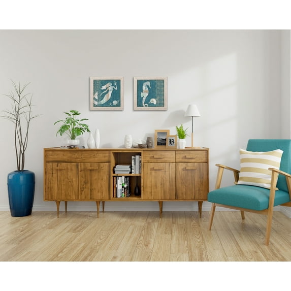 Gango Home Decor Coastal Distressed Beach Decor | Teal, Brown & Cream Mermaid & Seahorse Nautical; Two 12x12in Art Prints in Distressed White Frames