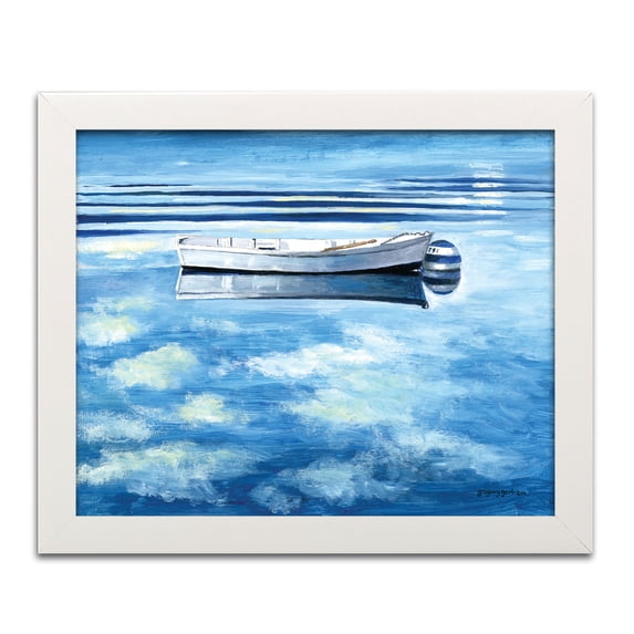 Gango Home Decor Coastal Painterly Decor | Blue & White Cloud & Small Boat Ocean by Gregory Gorham (Ready to Hang); One 14x11in White Framed Print
